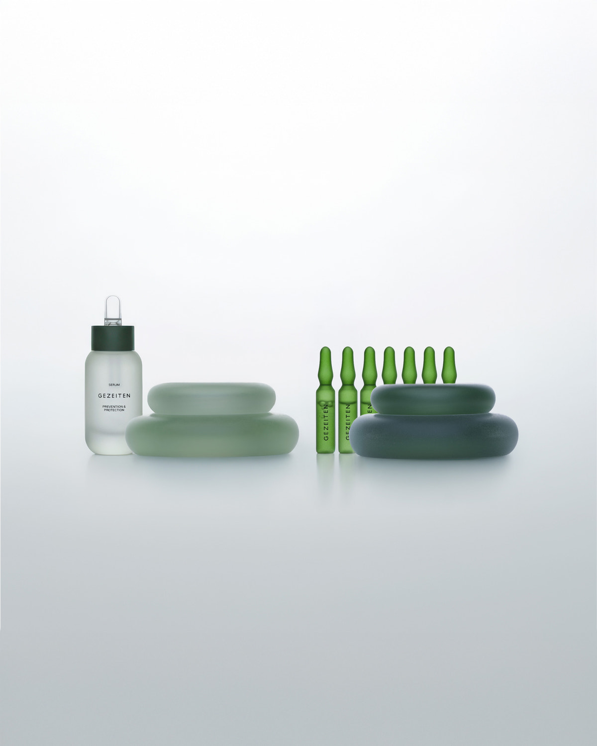 GEZEITEN SERUM · PREVENTION & PROTECTION in a bottle, AMPOULES · SKIN IMMUNITY DEFENSE TREATMENT and FACE CREAMS DAY AND NIGHT · INTENSIVE-ANTI-AGING in refillable jars for skin barrier health and deep hydration