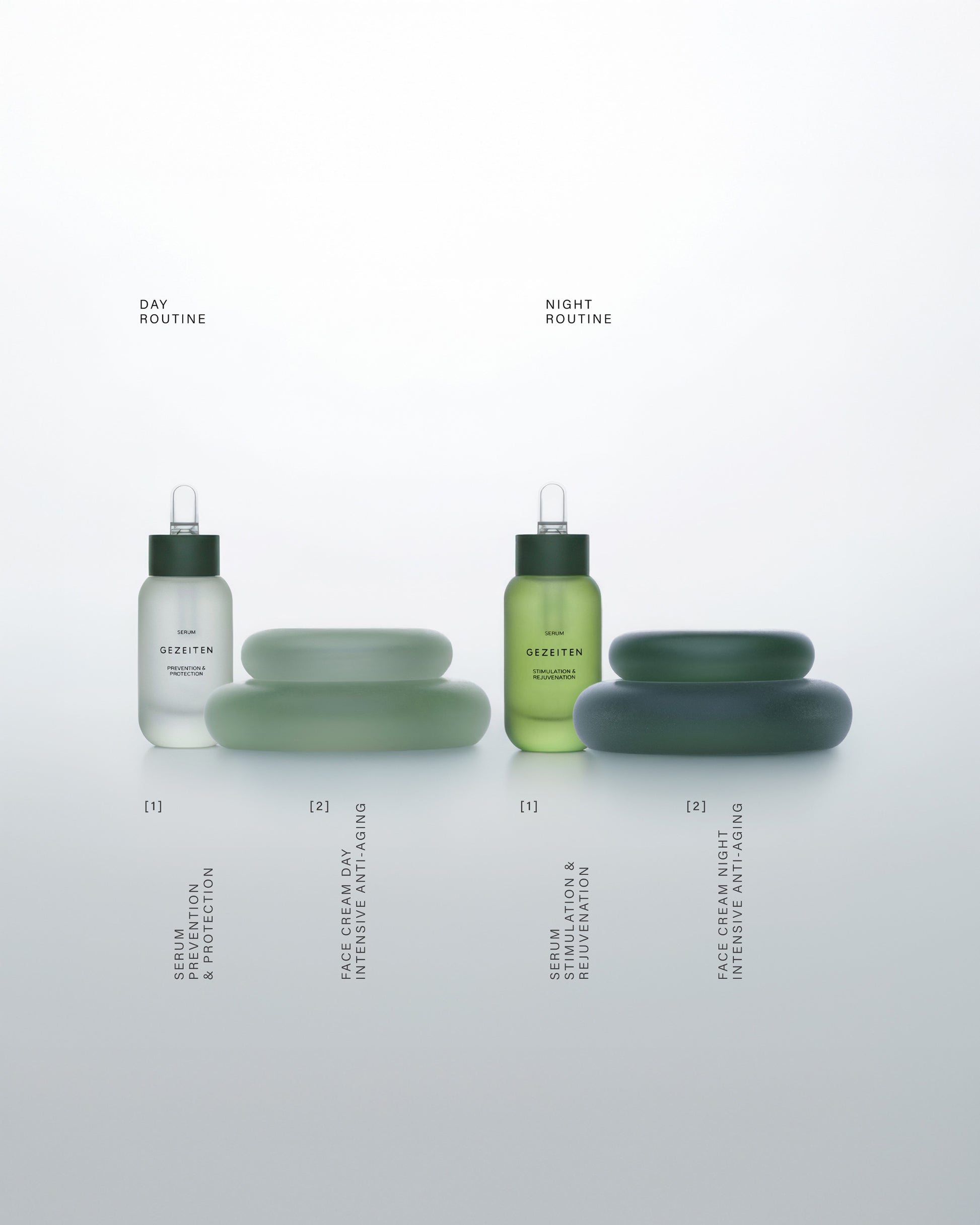 GEZEITEN SERUM · PREVENTION & PROTECTION & SERUM · STIMULATION & REJUVENATION in a bottle and FACE CREAMS DAY AND NIGHT · INTENSIVE-ANTI-AGING in refillable jars to rejuvenate and give radiance to the skin