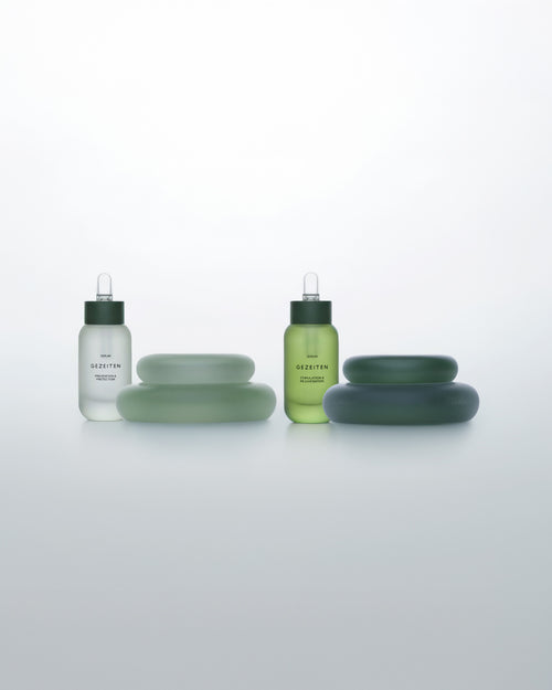 GEZEITEN SERUM · PREVENTION & PROTECTION & SERUM · STIMULATION & REJUVENATION in a bottle and FACE CREAMS DAY AND NIGHT · INTENSIVE-ANTI-AGING in refillable jars to rejuvenate and give radiance to the skin