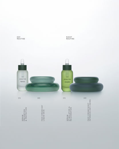 GEZEITEN SERUM · PREVENTION & PROTECTION & SERUM · STIMULATION & REJUVENATION in a bottle, FACE CREAM DAY · LIQUID SKIN and FACE CREAM NIGHT · INTENSIVE ANTI-AGINGin refillable jars to rejuvenate and hydrate