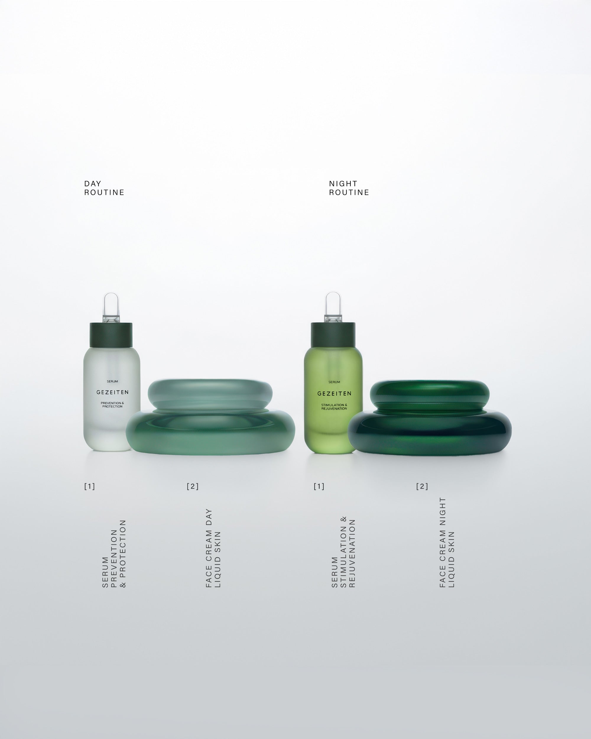 GEZEITEN SERUM · PREVENTION AND PROTECTION, SERUM · STIMULATION & REJUVENATION, and FACE CREAMS DAY AND NIGHT · LIQUID SKIN in jars to restore natural radiance.