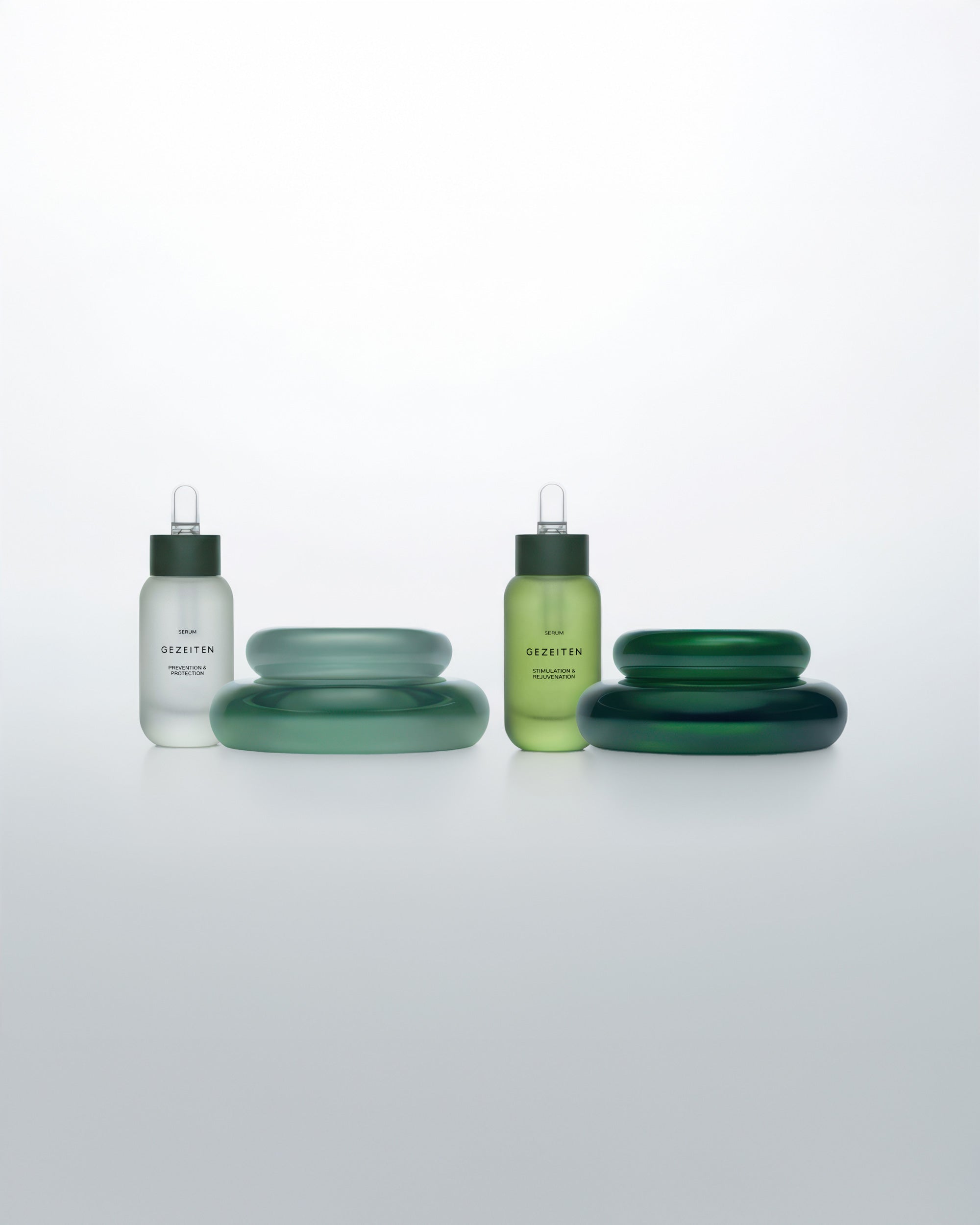 GEZEITEN SERUM · PREVENTION AND PROTECTION, SERUM · STIMULATION & REJUVENATION, and FACE CREAMS DAY AND NIGHT · LIQUID SKIN in jars to restore natural radiance.